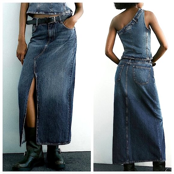 Zara Dresses & Skirts - New Zara Long Blue Denim Maxi Skirt Front Slit Skirt Size Small